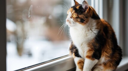 Wall Mural - A charming calico cat with three colors perches on the windowsill facing the window