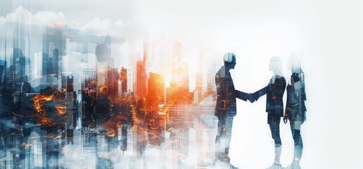 Wall Mural - A man and a woman are shaking hands in front of a city skyline by AI generated image