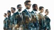 © Aimage - multiple exposure effect, A group of diverse business professionals in formal wear standing together against an overlay of cityscape, representing teamwork and corporate success on a white background