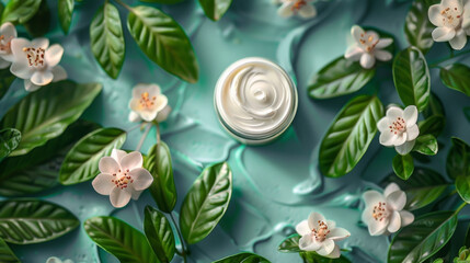 Sticker - Natural cosmetics, Skin care product - cream, lotion, soap on blue background with green leaves and flowers. Flat lay image with copy space