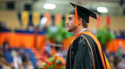 Side view of a graduate walking across a stage during a commencement ceremony, with soft-focus background to emphasize the moment.
