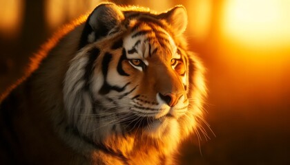 A close-up of a Siberian tiger during sunset, with the golden light illuminating its orange fur and creating a warm glow around the edges.
