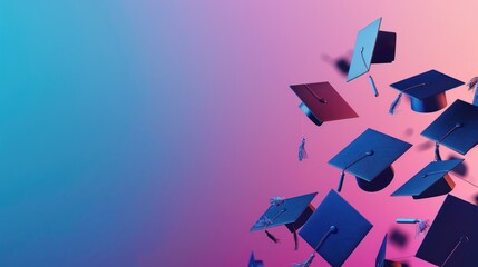 Wall Mural - An abstract composition of graduation caps tossed in the air, with minimalist gradient backdrop for contrast and space for text or graphics. 