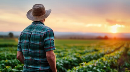 Wall Mural - A man in a plaid shirt and straw hat stands in a field, watching a beautiful sunset with clouds scattered across the sky
