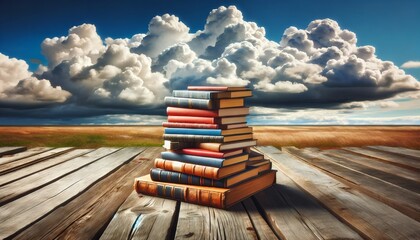 Wall Mural - Stack of colorful books against a dramatic cloudy sky background