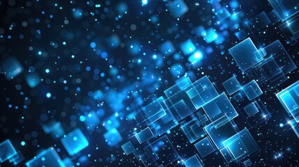 Wall Mural - Abstract image showcasing glowing blue squares with a bokeh effect on a dark background, symbolizing technology and connectivity