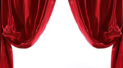 Elegant red velvet stage drapes are parted in the center, suggesting an event or reveal on a blank white background