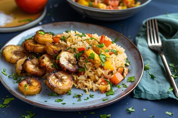 A plate of vibrant orange rice, sautéed in canola oil and served with golden brown fried plantains. The dish is set against an isolated dark background,