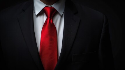 Wall Mural - A detailed image showcasing a businessman in a black suit and a vibrant red tie against a dark background