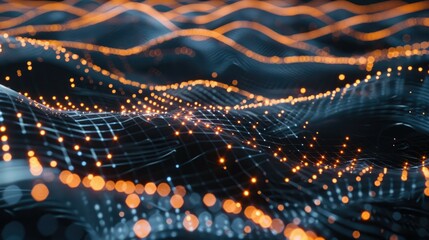 Poster - the image shows vibrant particles forming dynamic waves, representing digital connections in a visua