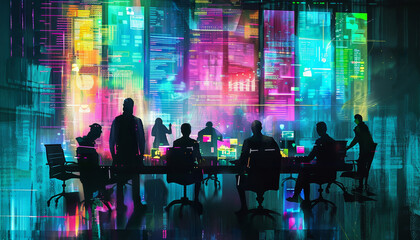 Wall Mural - A group of people are sitting at a table in a room with a city view by AI generated image