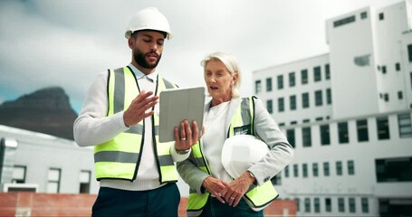 Poster - Engineering, team and tablet on building for planning, goal and strategy outdoors. Man, woman and architecture with technology for construction, discussion and solar energy on property for idea
