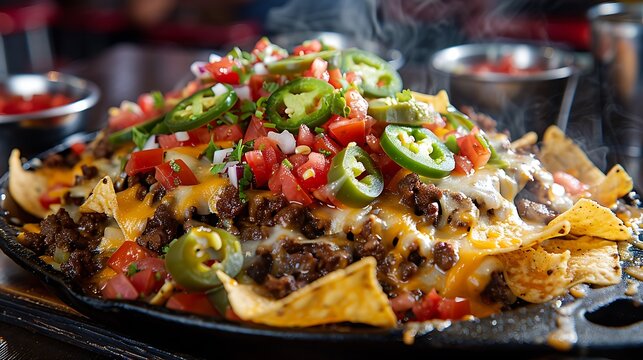 A sizzling hot plate of loaded nachos, piled high with melted cheese, jalapenos, and spicy salsa