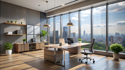 Modern office room interior design with workspace near panoramic window