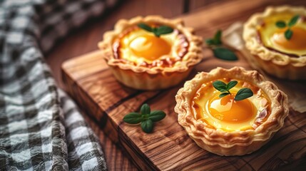 Canvas Print - Egg tarts placed on a wooden table with a checkered design