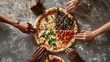 © Summit Art Creations - Diverse people hands reaching for a mixed topping pizza on a flour-dusted table. Top down aerial view of people with mixed raced holding and sharing the pizza pieces. Food and sharing concept. AIG53F.
