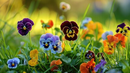 Wall Mural - Bright and colorful spring pansies set against a backdrop of grass and flowers