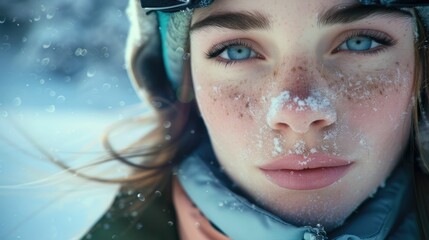 Wall Mural - The close up picture of the person looking at the camera with the white snow background in the middle of the snowy ice field, the skill require for ice field are fitness, ice safety knowledge. AIG43.