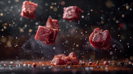 raw meat cubes suspended in midair, with spices sprinkled around them, against a dark background. The focus is on the contrast between darkness and light, creating an intense visual effect.