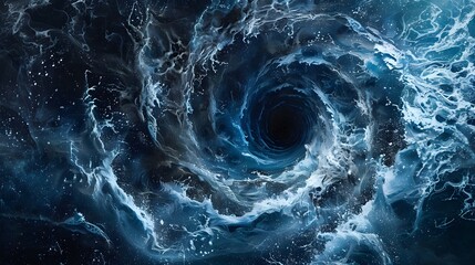 A powerful whirlpool of water in the middle, surrounded by a dark blue and black sea with waves crashing against each other, creating an intense visual effect.