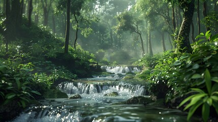 Wall Mural - A serene forest scene with lush greenery and a flowing stream, embodying the tranquility of nature's beauty.