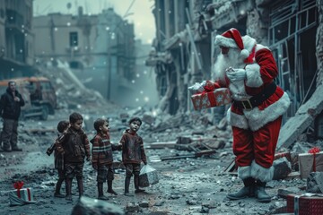 Santa Claus kneeling next to a little girl in a ruined city