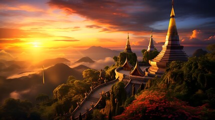 Wall Mural - Sunset between two pagodas on Doi Inthanon