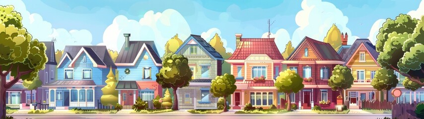 A row of colorful houses stand in a line on a sunny day under blue skies