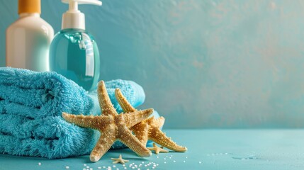 Wall Mural - Shower gel and towel with starfish on bathroom table Text space