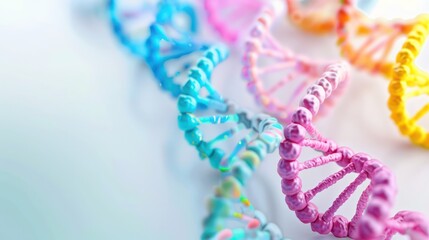 Close-up image of DNA double helix models depicted in multiple colors representing genetic concepts and biotechnology