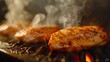 © horizon - Chicken fillets sizzling on the grill, with smoke rising from them, creating an attractive visual for your food website banner design.