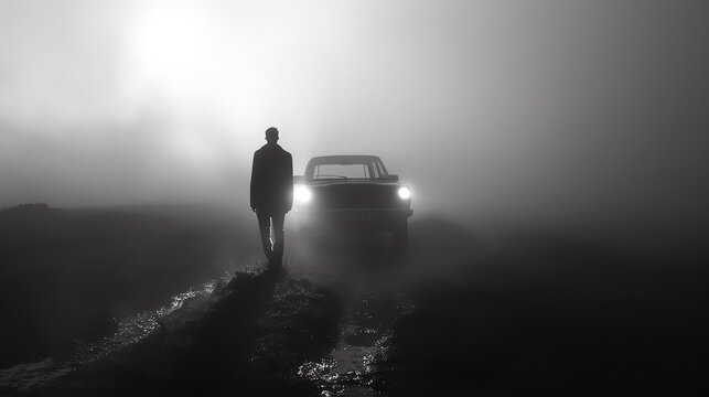 The image is in black and white. A man is walking away from the camera in the middle of a foggy field.