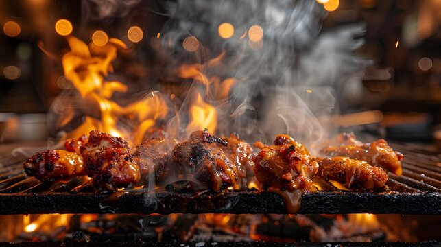 Closeup of the fire, surrounded by fried chicken wings with brown sauce on top, smoke rising from inside an old wooden kitchen, dark background.