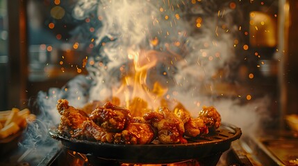 Poster - Closeup of the fire, surrounded by fried chicken wings with brown sauce on top, smoke rising from inside an old wooden kitchen, dark background.