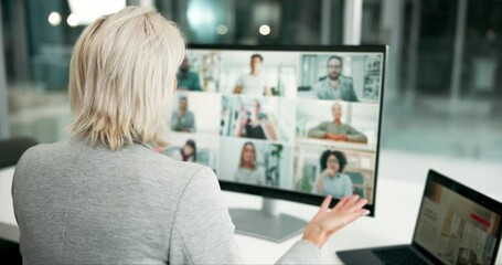 Aufkleber - Mature woman, office and computer screen for video call in conference or online meeting and teamwork. Business person, boss and conversation in virtual seminar or webinar at workplace with feedback
