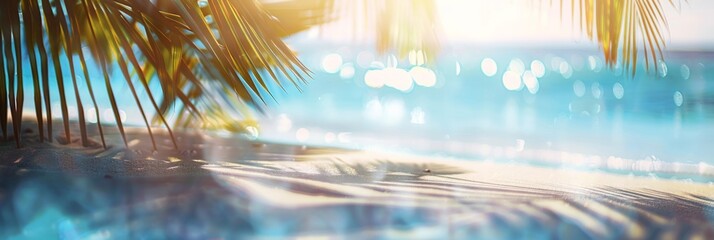 Beautiful blurred background of white sand and blue water on the beach with palm trees