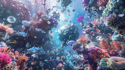 AI-generated underwater scene showcasing a kaleidoscope of marine life, vibrant coral reefs, and ethereal floating objects.
