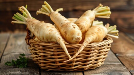 Wall Mural - Close up of fresh parsnips in wicker basket on wooden table