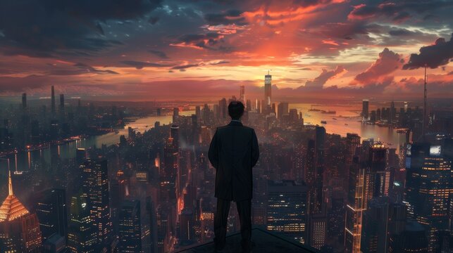 Businessman contemplates city skyline with sense of accomplishment