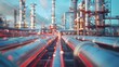 © horizon - An oil production plant with visible pipes and blue sky in the background, showcasing various red lines representing gas tanks moving through underground storage areas.