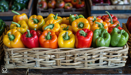 Wall Mural - A basket of peppers is displayed in a market