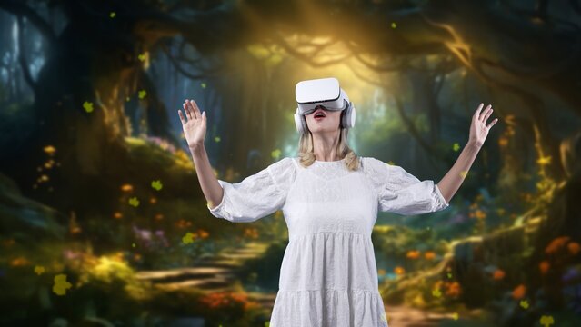 Excited girl wearing VR connect metaverse surround fantasy jungle greeney maple leaves falling with neon light magical world fairytale forest wonderland fantastic dreamy fairytale night. Contraption.