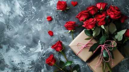Wall Mural - Capture the essence of love with a Valentine s Day greeting card red roses bouquet and a gift box beautifully arranged on a stone table This top view flat lay allows you to personalize the 
