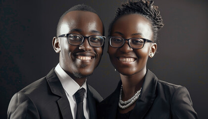 Wall Mural - A professional studio portrait of an African American businesswoman and her male entrepreneur boyfriend, dressed in modern attire and smiling at the camera