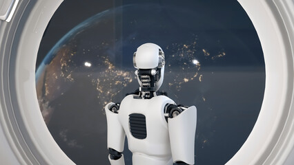 Poster - mlp 3d illustration futuristic robot, artificial intelligence cgi inside spaceship in space universe