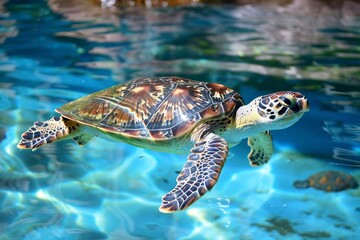 Wall Mural - A turtle swimming gracefully in a clear blue ocean