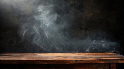 Poster - Empty wooden table with smoke on dark background wooden shelf used as studio display
