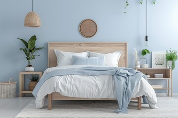 Bedroom with blue walls, white bed sheets, and pillows