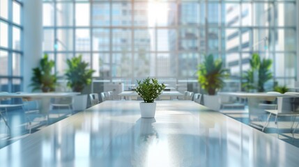 Wall Mural - Blurred background of a modern office interior with a white table, glass walls and desks in the distance.