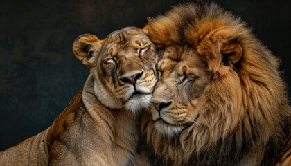 Poster - Two lions in love, one lion is holding the other's head with his paw, they have their eyes closed and look happy together